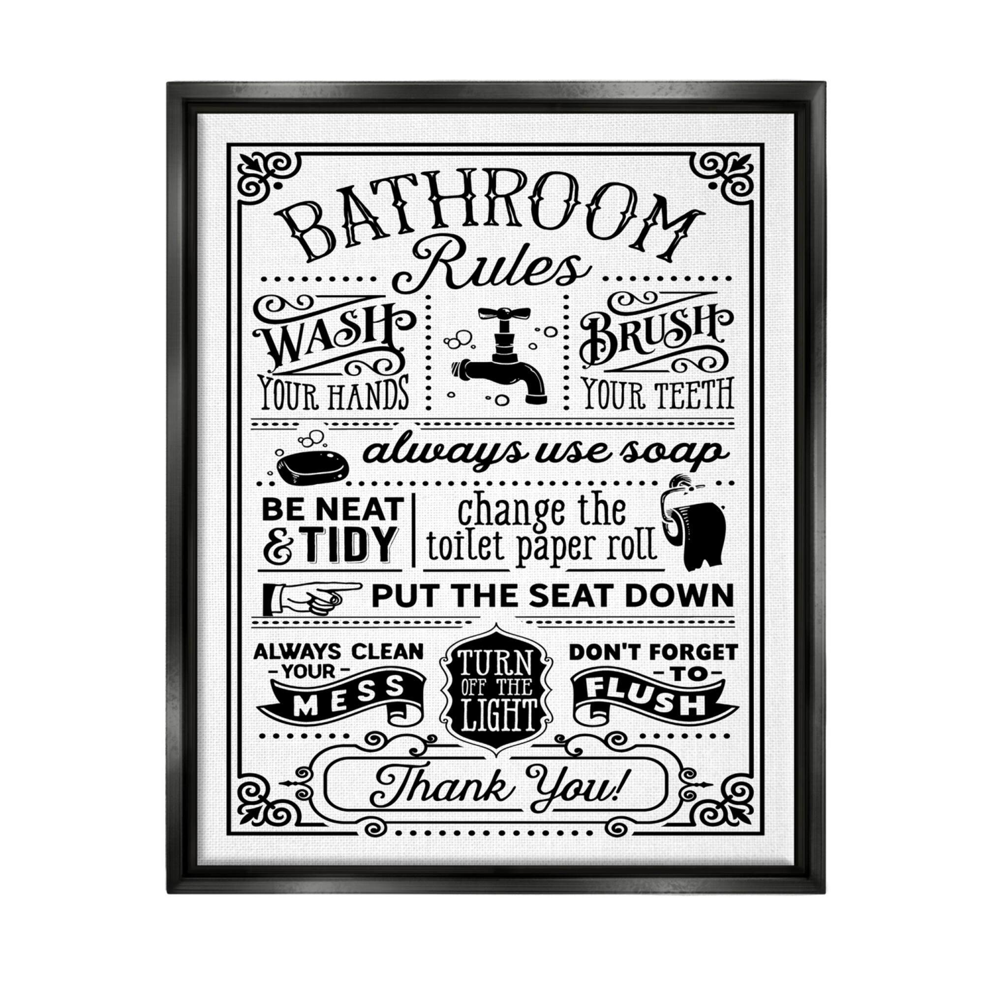 Stupell Industries Vintage Style Bathroom Rules Diagram List Border Floater Framed Art